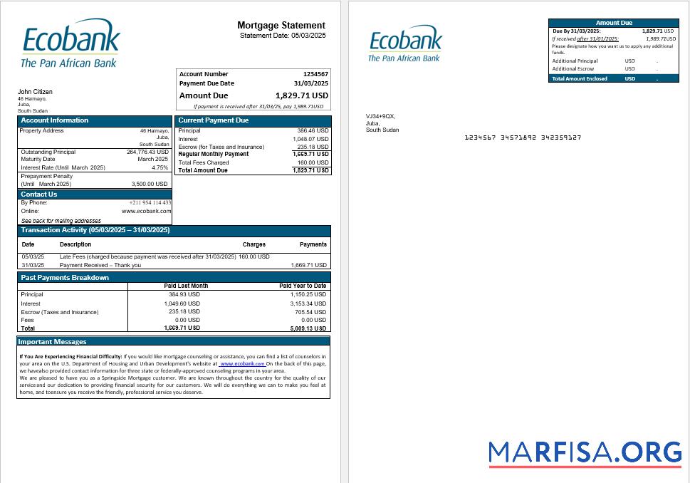 Downloadable South Sudan Ecobank bank mortgage statement in Word and PDF formats real example